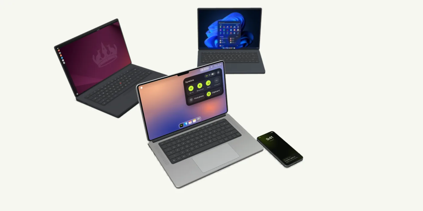 A Mac and an Android phone on a desk, with the Synklink panel open on the Mac